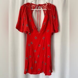 Red Floral Dress with Plunging Neckline
